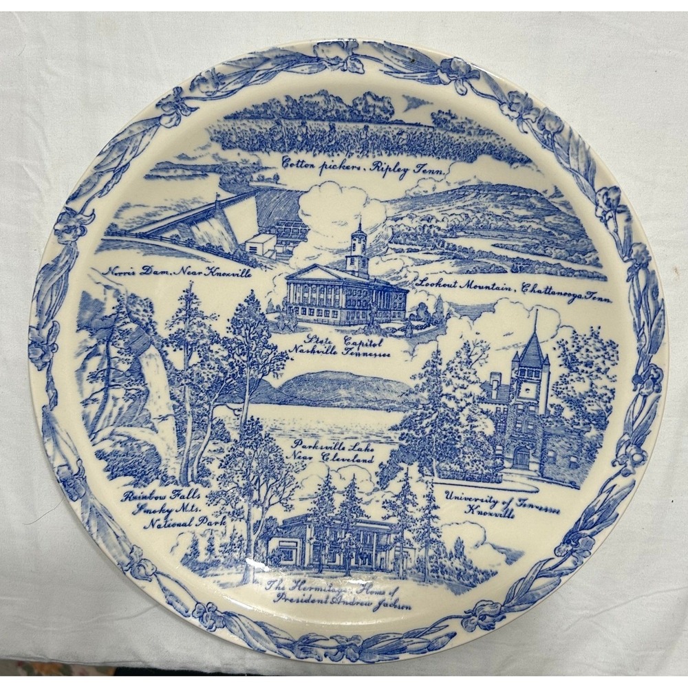 Vernon Kilns Tennessee Souvenir Plate Unisex 10.5in Blue White Transferware USA